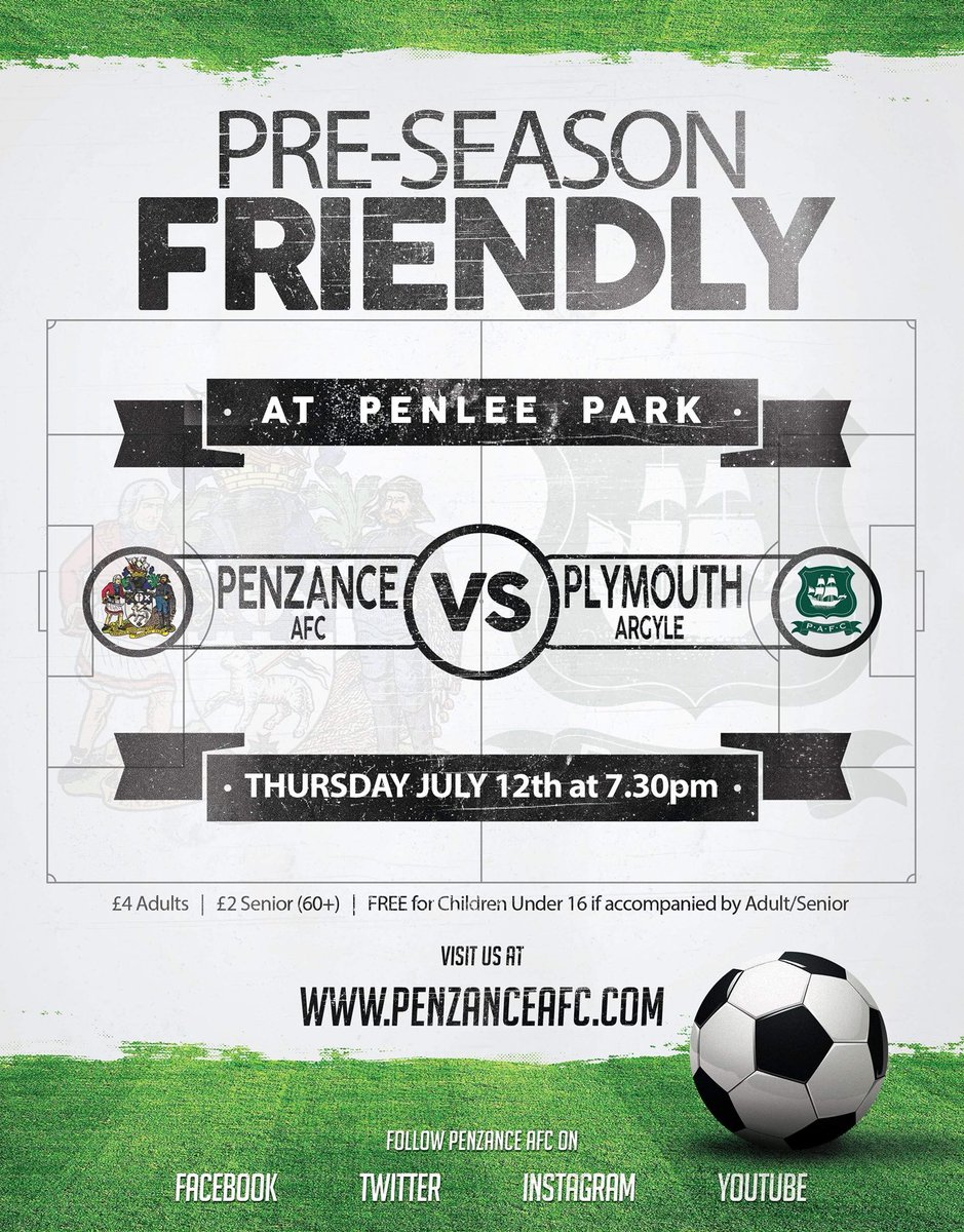 🗓 Only one week to go until Penlee Park welcomes a Plymouth Argyle Xl for our first friendly of the 2018/19 season. 

Free entry for children under the age of 16, if accompanied by an adult. 

⚫️⚪️