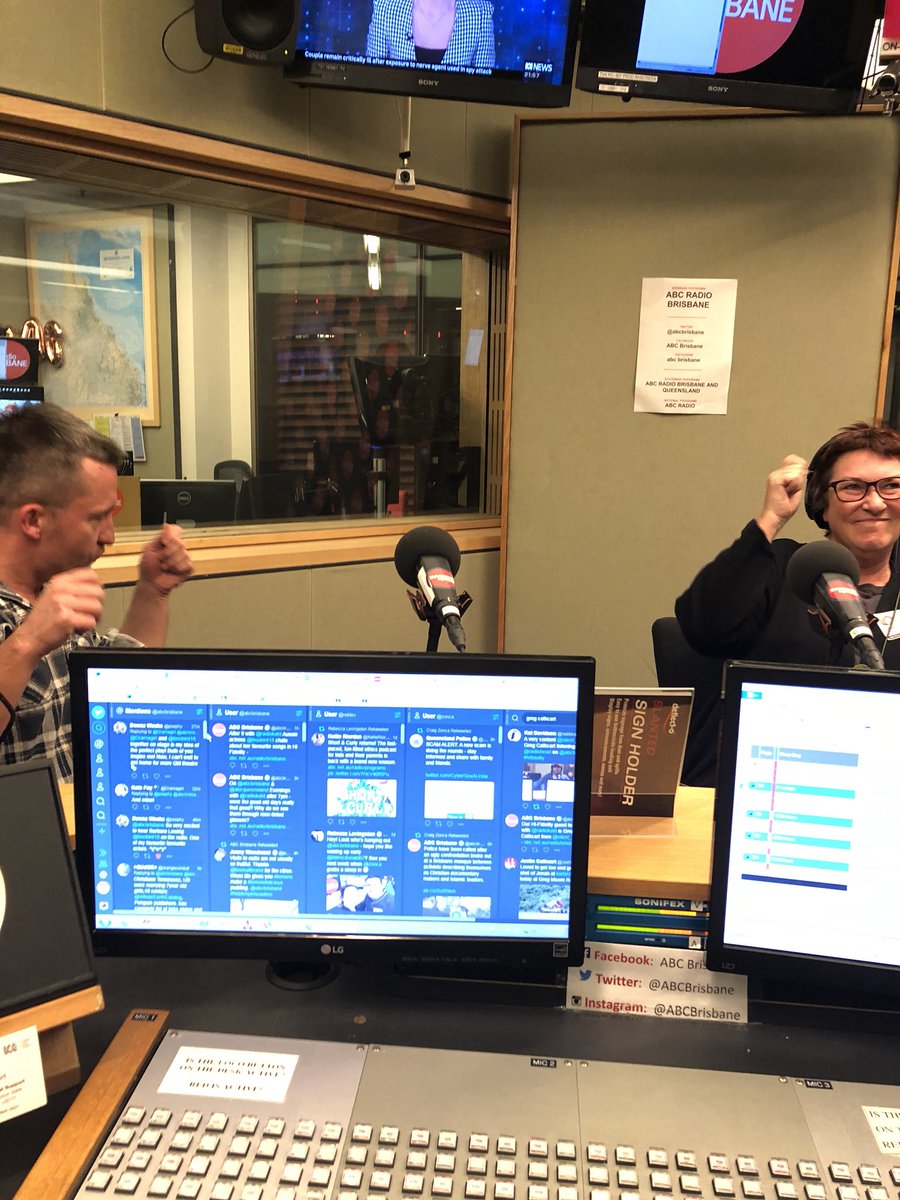 radiokatd's tweet image. Some serious air drumming from @boobird18 and @tommygreenard @abcbrisbane #hifidelity #bestfunever