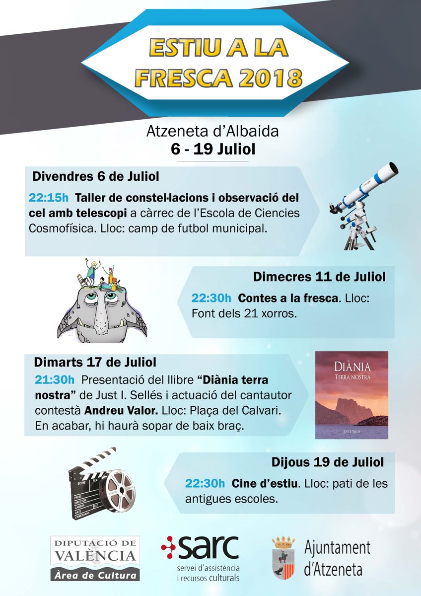 ESTIU A LA FRESCA-JULIOL 2018
Vos detallem la programació del programa "Estiu a la Fresca" de la Regidoria de Cultura prevista per al mes de juliol.