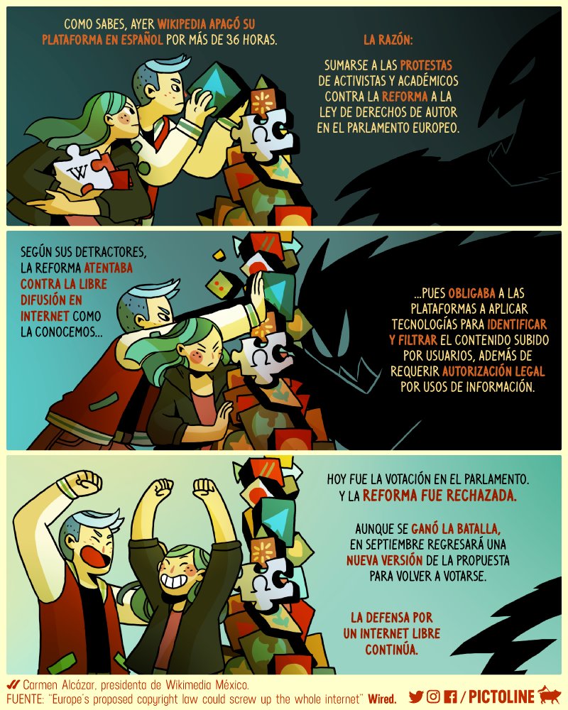 pictoline's tweet photo. El día de ayer, Wikipedia en español se "apagó" para sumarse a las protestas contra una reforma que atentaba contra la libre difusión de la información en internet.

Hoy se ganó una batalla más 💪🙌 https://t.co/wa69EVPHBx