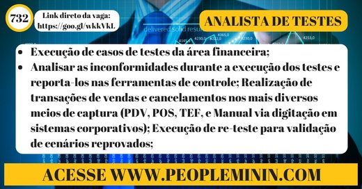 peopleminin's tweet image. Vaga:Analista de Testes.
Link direto para vaga: goo.gl/wkkVkL
Acesse peopleminin.com/?rdst_srcid=13… e deixe que essa vaga lhe encontre!
#AnalistaDeTestes
#OndeAVagaProcuraOCandidato
#MatchProfissionalPerfeito