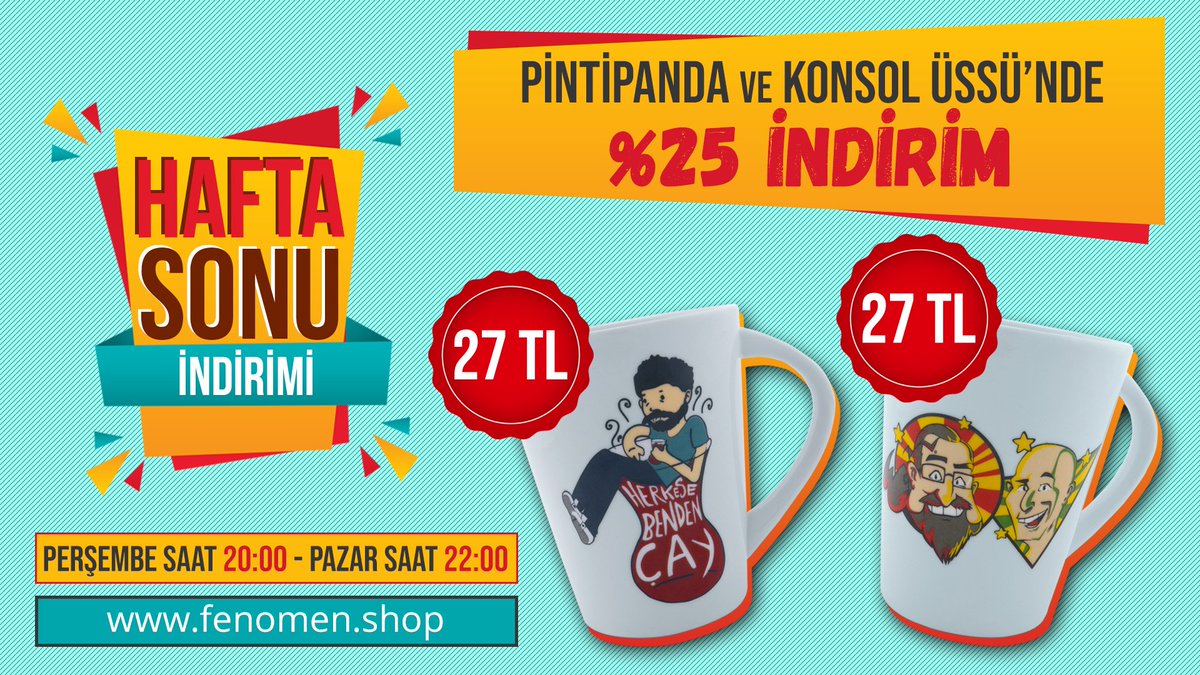 Steam'de olur bizde olmaz mı? Buyurun hafta sonu indirimine. Pintipanda ve Konsolüssü kupaları Pazar akşam saat 10.00'a kadar %25 indirim ile 27 TL. 50 TL üzerine de ücretsiz kargo var!

fenomen.shop