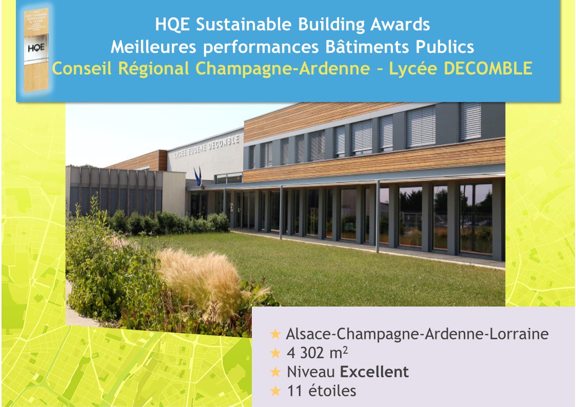 CERTIVEA_'s tweet photo. 🏆👏 Cat. NF #HQE #Bâtiments Tertiaires en construction - Bât. public CR @champ_ardenneFR pour l’opé Lycée DECOMBLE🏫 cc @regiongrandest #HQESustainableBuidlingAwards #Certivea https://t.co/JW7oUb6Iav