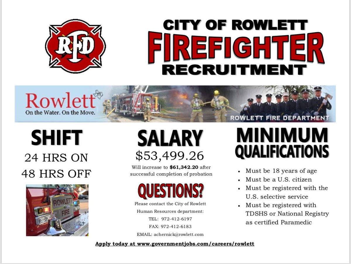 @rowlettfire is looking for our next Firefighters! 
#firefighter #firejob #Paramedics #cityofrowlett