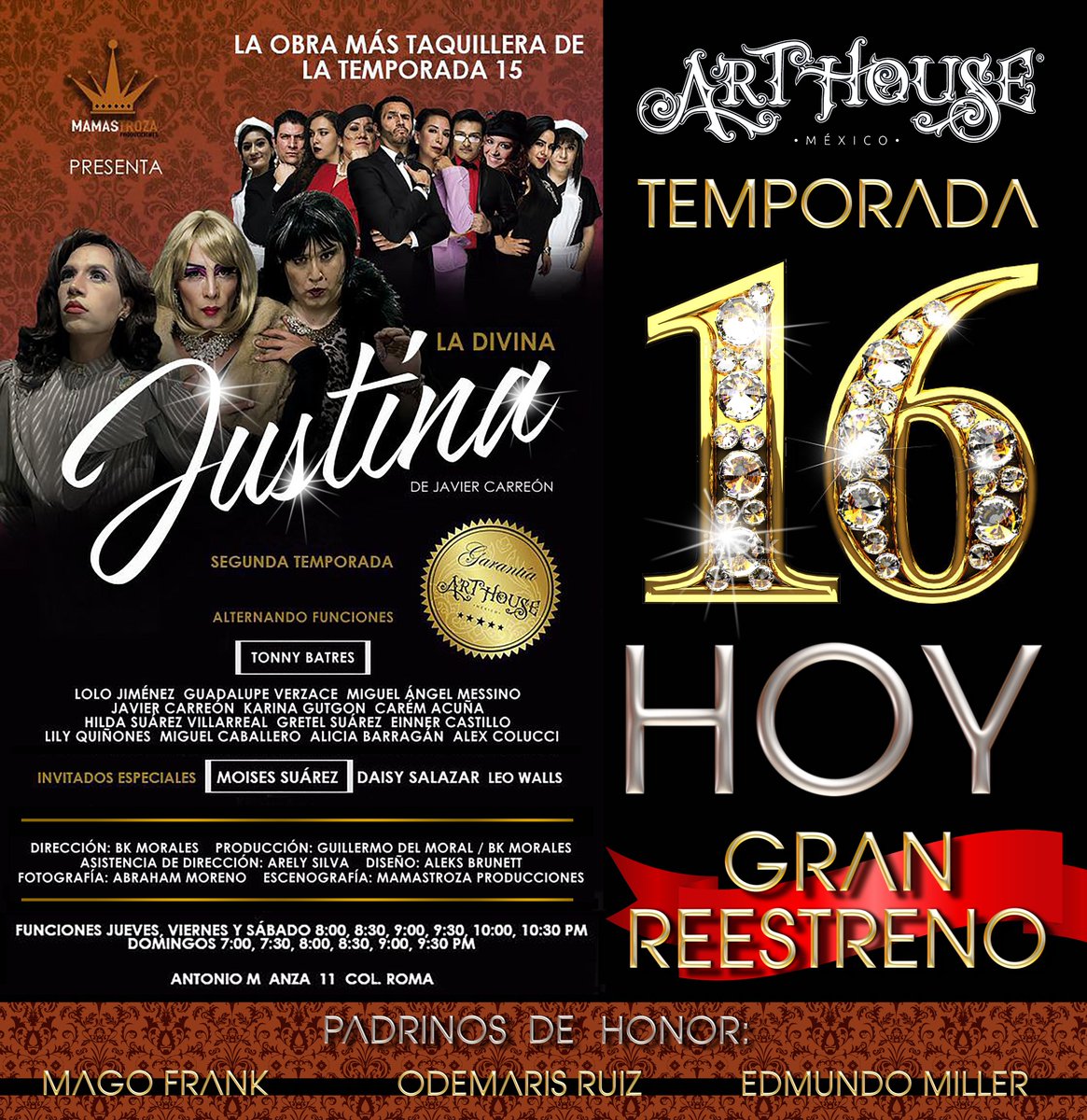 LoloJimenezMx's tweet photo. ✔️HOY GRAN REESTRENO! @LaDivinaJustina 🎭💕
En la Temporada 15 lo hicimos y ahora lo haremos en la 16! @arthousemexico #Temporada16AH
🏠 Antonio M.Anza No11 Col.Roma
⏰ Funciones:8,8:30,9,9:30,10 y 10:30pm
✔️GRANDES PADRINOS: @OdeRuiz @magofrankyblas @edmundomiller COMPARTAN! https://t.co/bY13YNNyVx