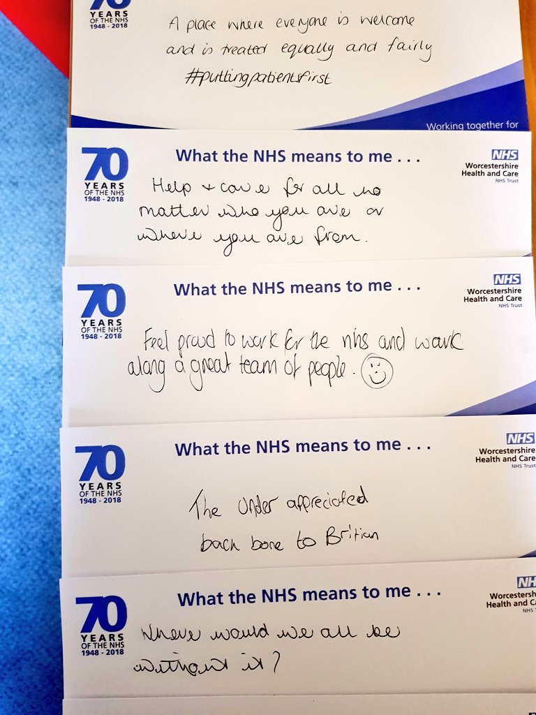 PawleyStephanie's tweet photo. Some of the comments from staff at Hill Crest ward today on what the NHS means to them #NHS70 #WHCT70 @WorcsHealthCare @InpatientsWorcs https://t.co/fac5jokRSf
