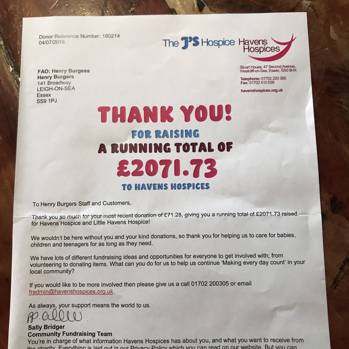 Thank you to all our guests for helping us to raise this so far. Keep buying the specials and we will keep donating the £ coins 😎 #HavensHospice #LittleHavens #SupportingTheCommunity #Thankyou #KeepItComing