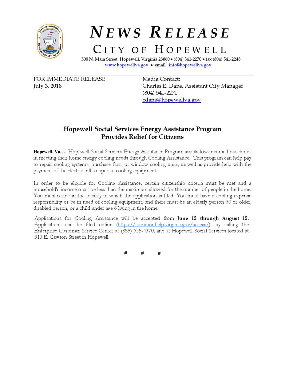 Hopewell Department of Social Services assists low-income households with cooling assistance for their homes. Stay cool and hydrated this summer!!