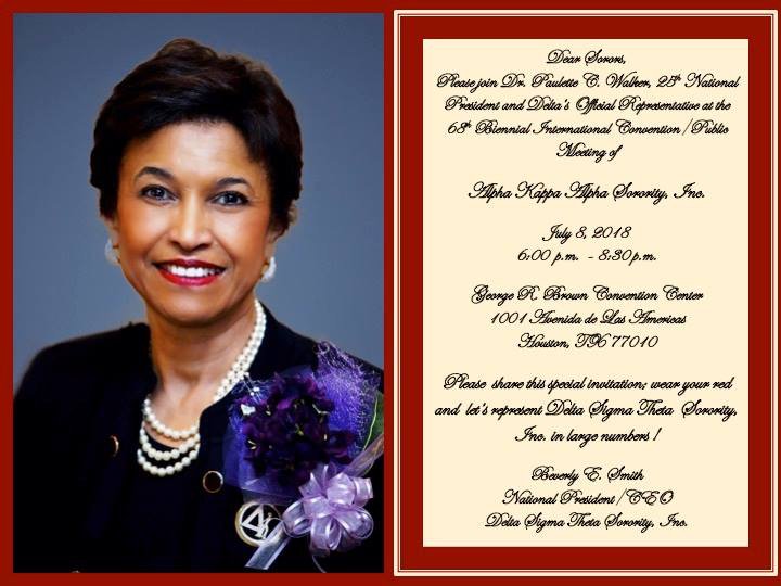 dstinc1913's tweet photo. Attention Deltas in and around Houston on July 8! Beverly E. Smith requests your presence to help represent Dr. Paulette C. Walker, 25th National President, at the 68th Biennial International Convention/Public Meeting of Alpha Kappa Alpha Sorority, Inc. Please see details below. https://t.co/UaYB9Cp17S