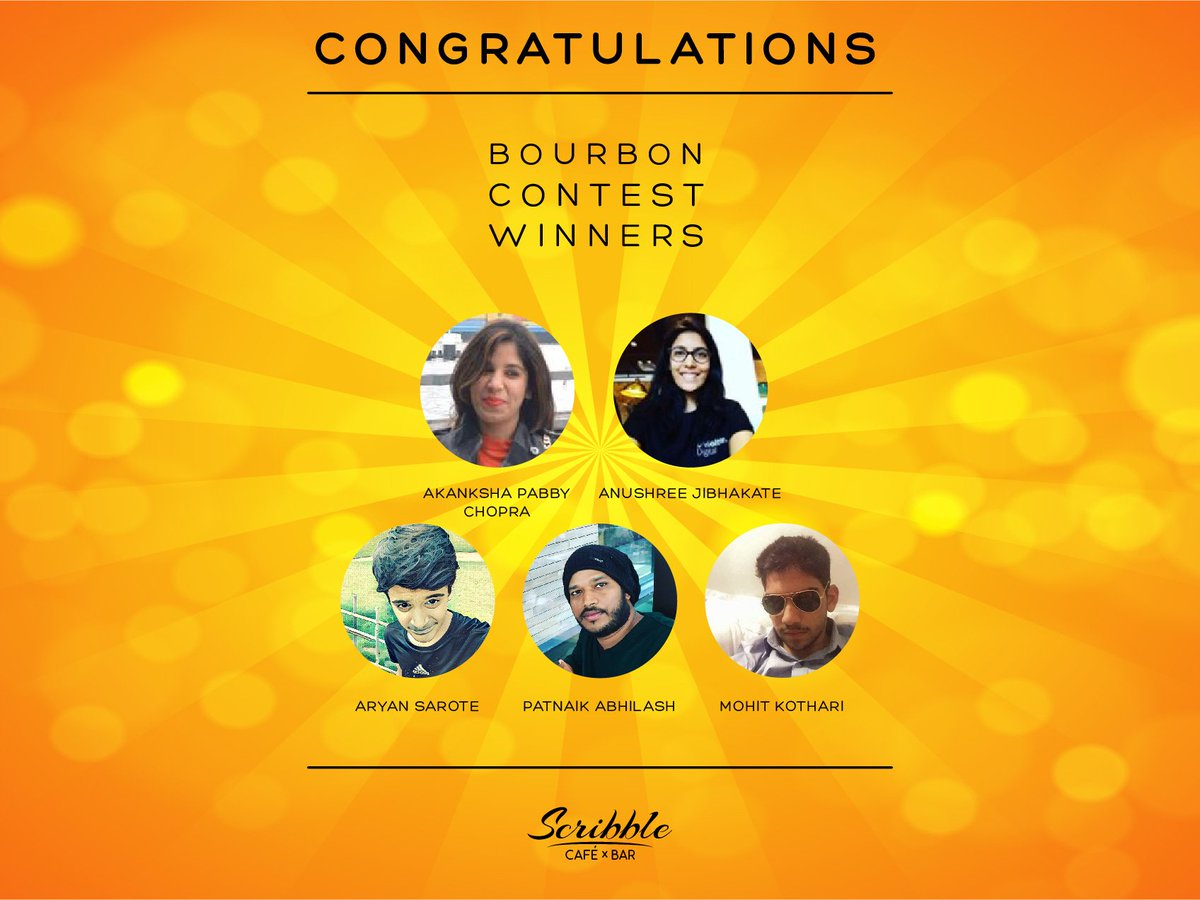 scribblecafebar's tweet photo. Congratulations Akanksha, Anushree, Aryan, Patnaik, Mohit on winning the Guess the Bourbon contest.
P.S. : Look for our message in your inbox.
#contest #winners #bourbon #contestwinners #scribblecafebar #cafe #pune #bar https://t.co/Yux2GBvs1Y