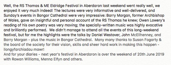 Here’s my brief review of the #RSThomas & #MEEldridge Festival last weekend at #Aberdaron & #Bangor