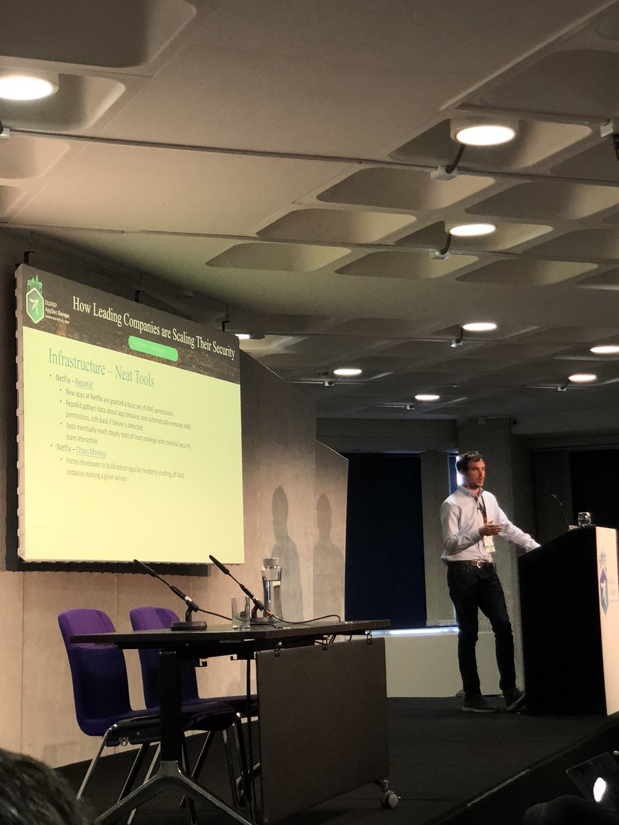 __muscles's tweet photo. Awesome to see @NetflixOSS mentioned at talks @AppSecEU. Thanks @clintgibler for the team shout out! #repokid #chaosengineering https://t.co/HZUZySKqUr