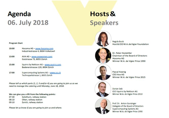 DeVigier's tweet photo. Hey Alumni! Join us for tomorrow's NETWORK DAY 2018 in the #Zürich area! The topic is "Leadership and how to grow with my business". W.A. #DeVigier Event with #Hocoma #AvaWoman #Squirro 
Just show up, no registration required. You can pick which companies you want to visit https://t.co/olBKJUW1EU