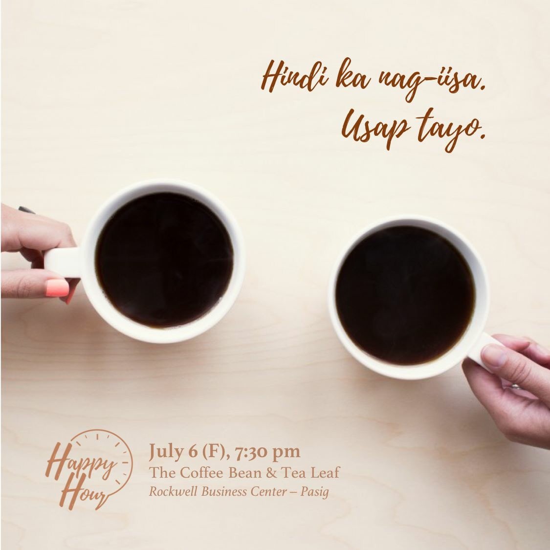 DexGalban's tweet photo. SEE YOU TOMORROW!
We’re all looking forward to finally meeting you during our 1st "Happy Hour" mental health support event with Dr. @giasison!
This is open for all!
Happy Hour #1
July 6 (F), 7:30 pm
CBTL RBC - Ortigas
#HappyHour #HappyHour1
#MentalHealth #CBTL
#SDG3 #Health https://t.co/JFrJ4yzHHW