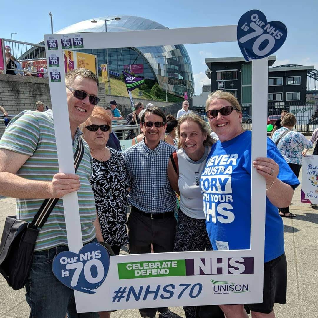 NorthernUNISON's tweet photo. Fantastic #UNISON rally celebrating #OurNHS70 birthday at #BalticSquare today. We did the #NHS proud #NHS70 https://t.co/YBHA1zxGl4