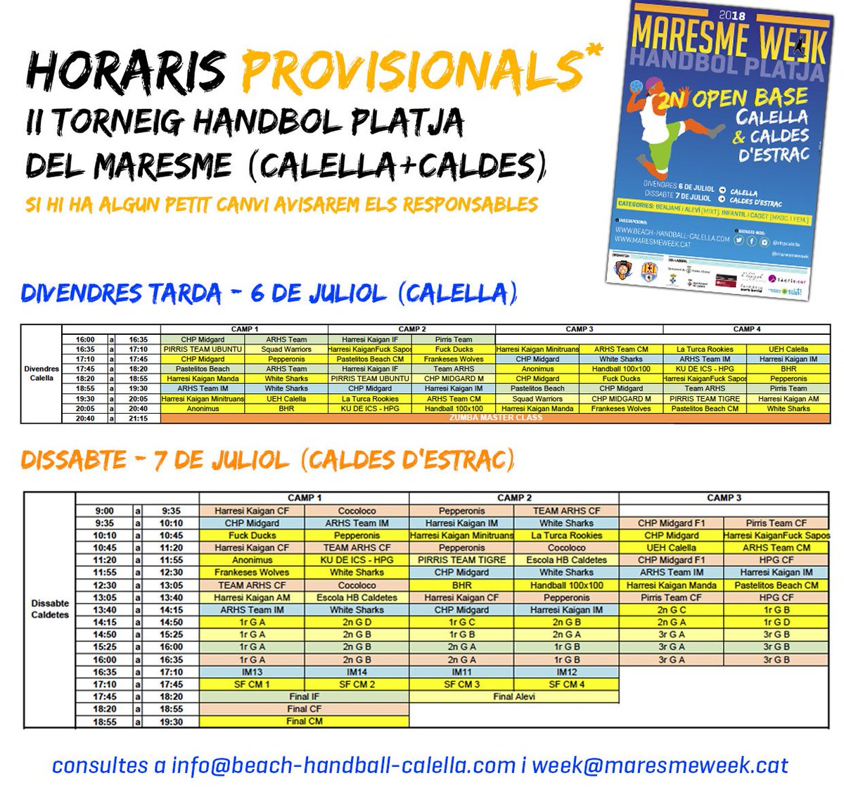 ⏱️ HORARIS PROVISIONALS del Torneig de BASE d'#HandbolPlatja Maresme 2018 (Calella+Caldetes) <a href="/CHPCalella/">CHPCalella</a> + <a href="/MaresmeWeek/">Maresme Week 2018</a>