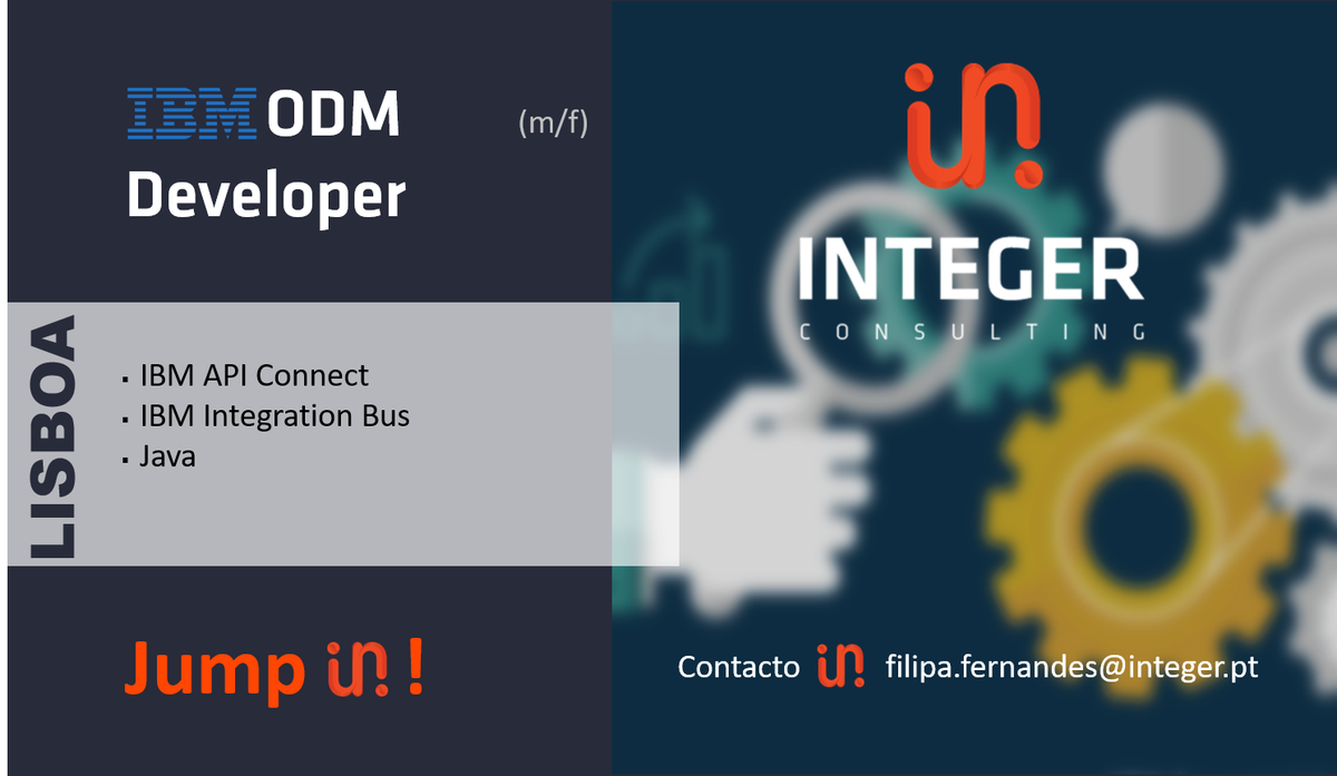 integer_consult's tweet photo. Hiring! IBM ODM Developer, Lisboa, JUMP IN! filipa.fernandes@integer.pt  #integerconsulting #ITjobs #Lisboa #DeveloperJobs #Developers #IBM #IBMODM #ODM #API #IntegrationBus #Java https://t.co/yXBD4RXMZC