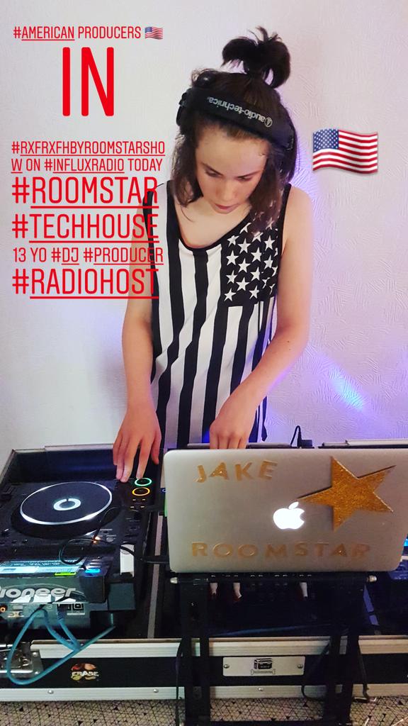 JakeRoomstar's tweet photo. #RXFRXSHbyROOMSTARShow on @InfluxRadioUK playing All #American Producers #livemix 2day #specialFeature in honor of #4thofJuly ☆ @YouTube #LiveStream #Roomstar 13 year old #DJ #MusicProducer #RadioHost ☆ #proudAmerican #halfAmerican #StarsandStripes #TechHouse #EDM #HouseMusic https://t.co/Wb3zBL8Ucw