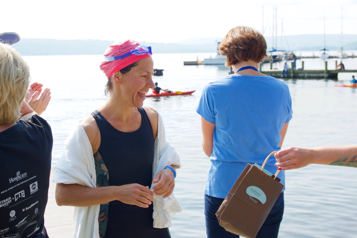 #TBT to last year’s swim when @SatoriIthaca waited at the dock with gift bags for all the swimmers! Thank you for making philanthropy within our community a priority. Visit their website, satoridayspasalon.com, to explore the many services they have to offer.