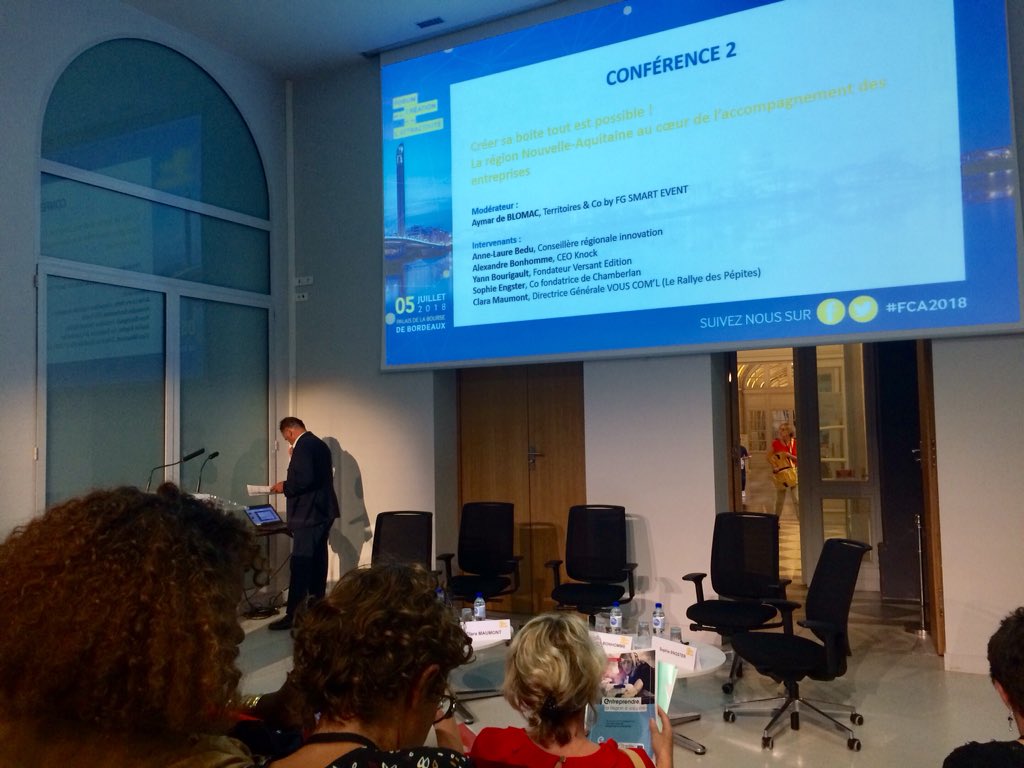 Ça va commencer ! 🤗Venez suivre la conf 2 en amphi ! Avec <a href="/AnnelaureBedu/">BEDU Anne-Laure</a> Conseillère régionale innovation, Alexandre Bonhomme, CEO KNOCK, Yann Bourigault, Fondateur de Versant Edition, Sophie Engster, co-fondatrice de Chamberlan et Clara Maumont, DG de VOUS COM’L ! #FCA2018