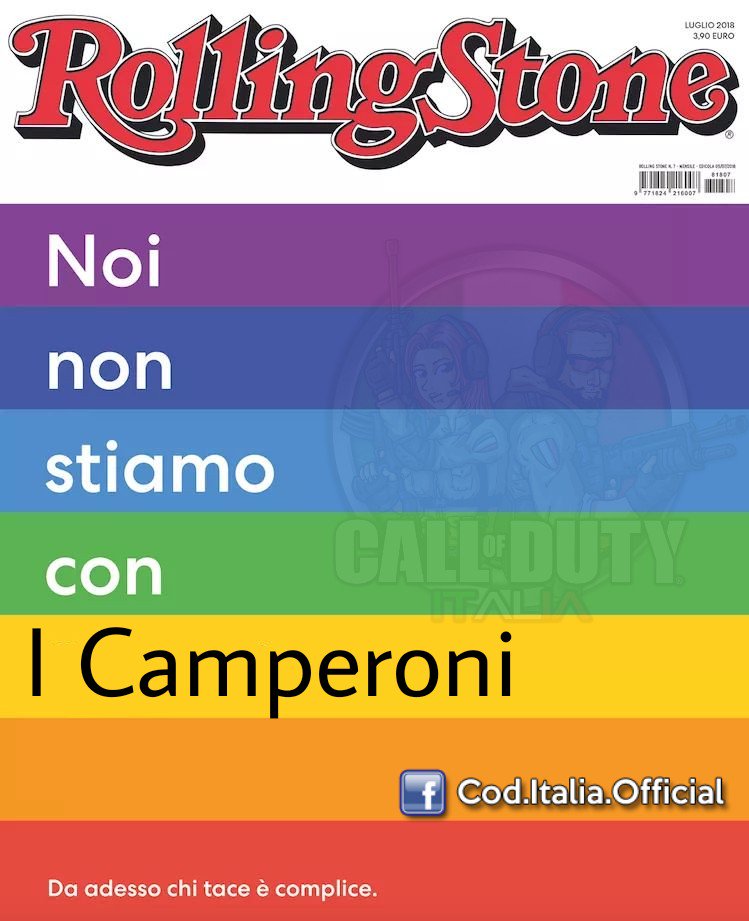 Call of Duty Italia (@callofduty_ita_) on Twitter photo Noi non stiamo con i Camperoni . <a href="/RollingStoneita/">Rolling Stone Italia</a> si schiera, e insieme a noi musicisti, attori, registi, scrittori e da oggi tutti voi.
Il nuovo numero è in edicola.
#chitaceècomplice Noi non stiamo con i Camperoni . <a href="/RollingStoneita/">Rolling Stone Italia</a> si schiera, e insieme a noi musicisti, attori, registi, scrittori e da oggi tutti voi.
Il nuovo numero è in edicola.
#chitaceècomplice