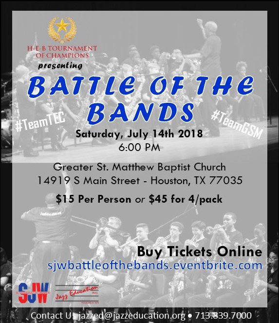 It’s time for our 47th H-E-B Tournament of Champions #SummerJazzWorkshop BATTLE OF THE BANDS! #TeamTEC and #TeamGSM will finally meet head to head in their final performance of the season. Come see them on the grand stage! Which campus will reign supreme?!! SAT July 14th