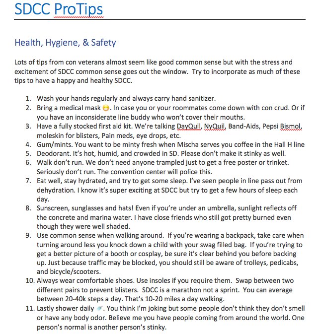 As I lay here sick, it gave me the idea for my next #ProTIp: Health, Hygiene, and Safety.  Essential tips to stave off con crud and keep you in tip top shape to enjoy #SDCC. Please comment if you have any secret ninja tips.  #JustTheTips #SDCC2018 #SDCCTips