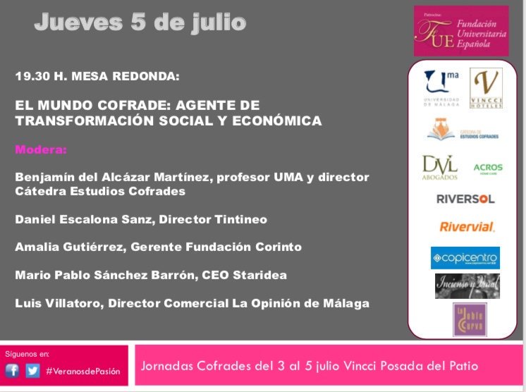 Esta tarde tenemos la última mesa de #VeranosDePasión5

"El mundo cofrade: agente de transformación social y económica"

#CofradíasMLG