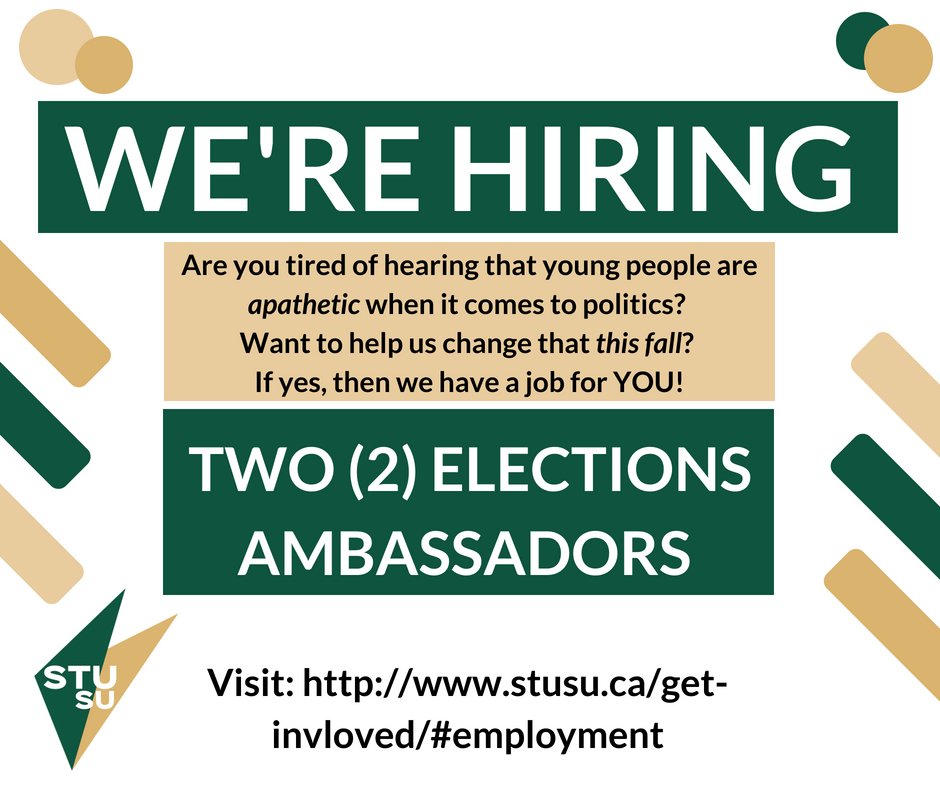 STU_SU's tweet photo. WE'RE HIRING: Two Elections Ambassadors!

Applications Due: Friday, July 13 at 4 p.m.

Full position description and application details available here: https://t.co/ol2Z9AmC4r https://t.co/0OcRSO6Eid