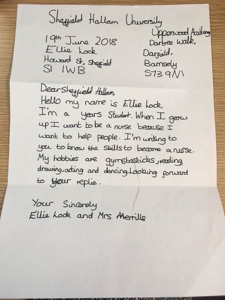 sheffhallamuni's tweet photo. When we received this lovely letter from 10-year-old Ellie, we thought we'd invite her down to meet some of our student nurses and learn what it takes to be a nurse #NHS70 https://t.co/JJyPU5sbXd https://t.co/xa38f5fIMM
