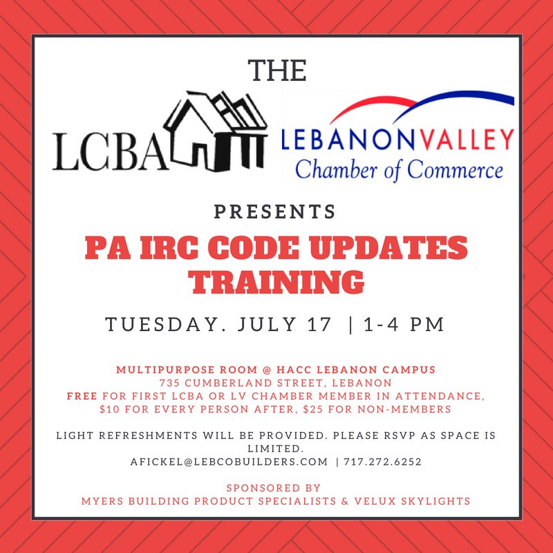 lebcobldrs's tweet image. #CodeUpdate @LebanonValleyChamberofCommerce LCBA & Lebanon Valley Chamber of Commerce Presents 2015 PA IRC Code Updates Training. opics include: upcoming changes to the PA UCC; which code provisions will be enforceable on 10/18 Space/limited! RSVP to 717.272.6252