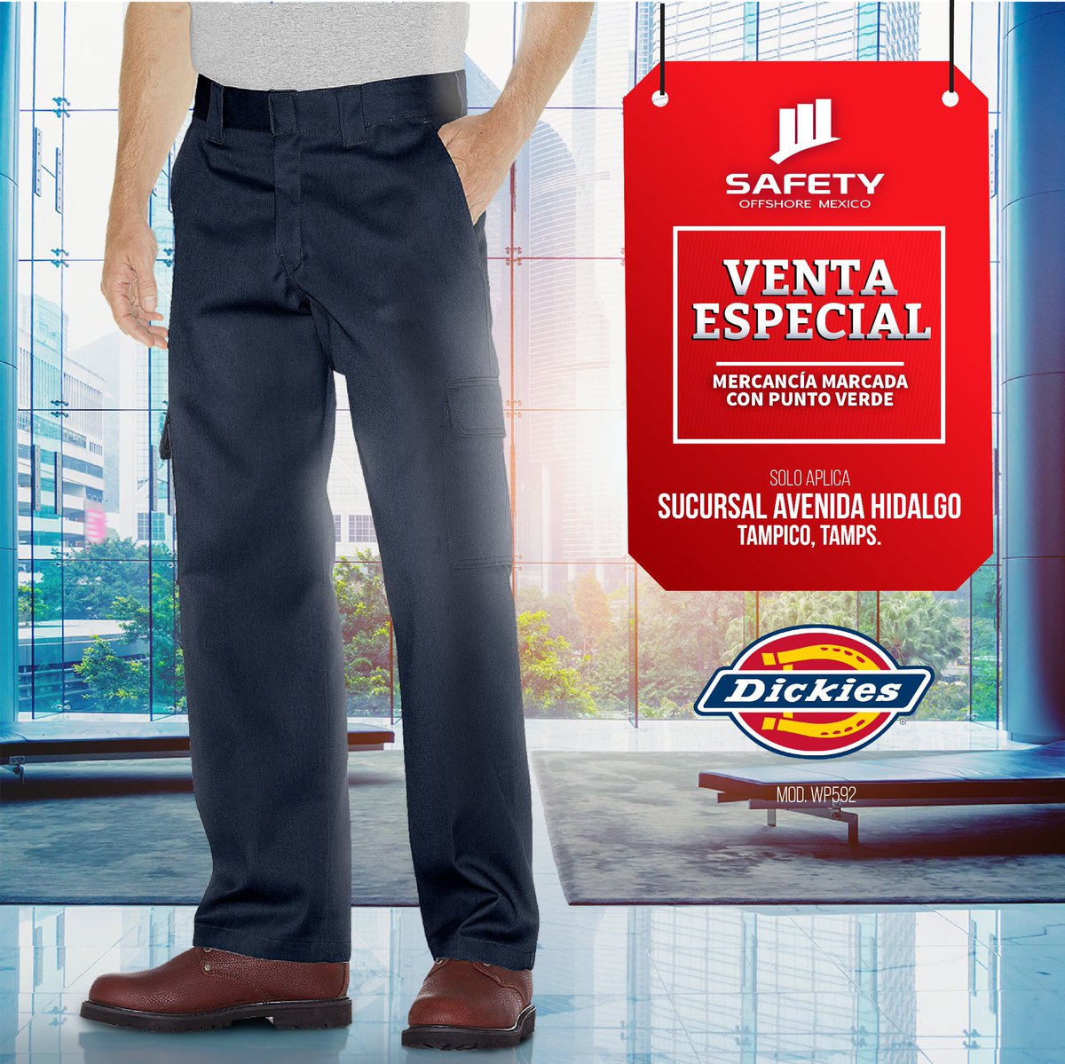 SafetyOffshore's tweet photo. Incrementa tu confort, pantalones dickies, aprovecha la gran venta especial, mercancía marcada en punto verde, solo en sucursal Avenida Hidalgo, #5504 Esq. Esmeralda Frac. Petrolera Chairel, Tampico Tamps. Tel. (833) 228 27 72. https://t.co/gfYs4rOiBI