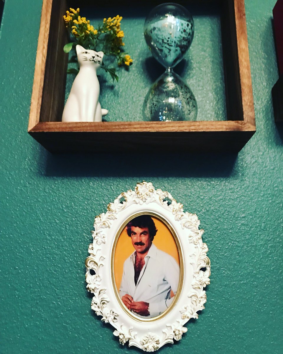 Cher_Quigley's tweet photo. Interior design should make you happy, and the fun part of being a designer is that you get to do whatever the heck you want to in your own house 📚 Our library’s latest addition 👨🏻🔥 #tomselleck #currencoop https://t.co/dXR29w3niF