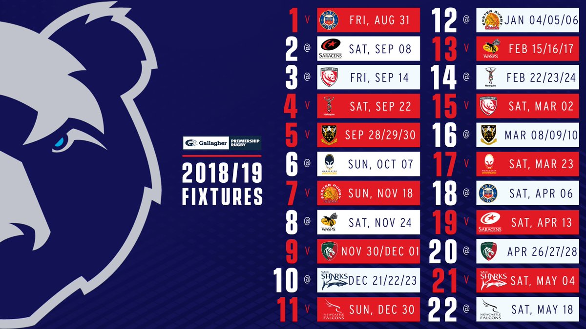 BristolBears's tweet photo. 🗓️ | Here we go, then. 

Your 2018/19 @premrugby fixtures... REVEALED! 🐻 

#GallagherPrem https://t.co/N2ZoWYQ8zo