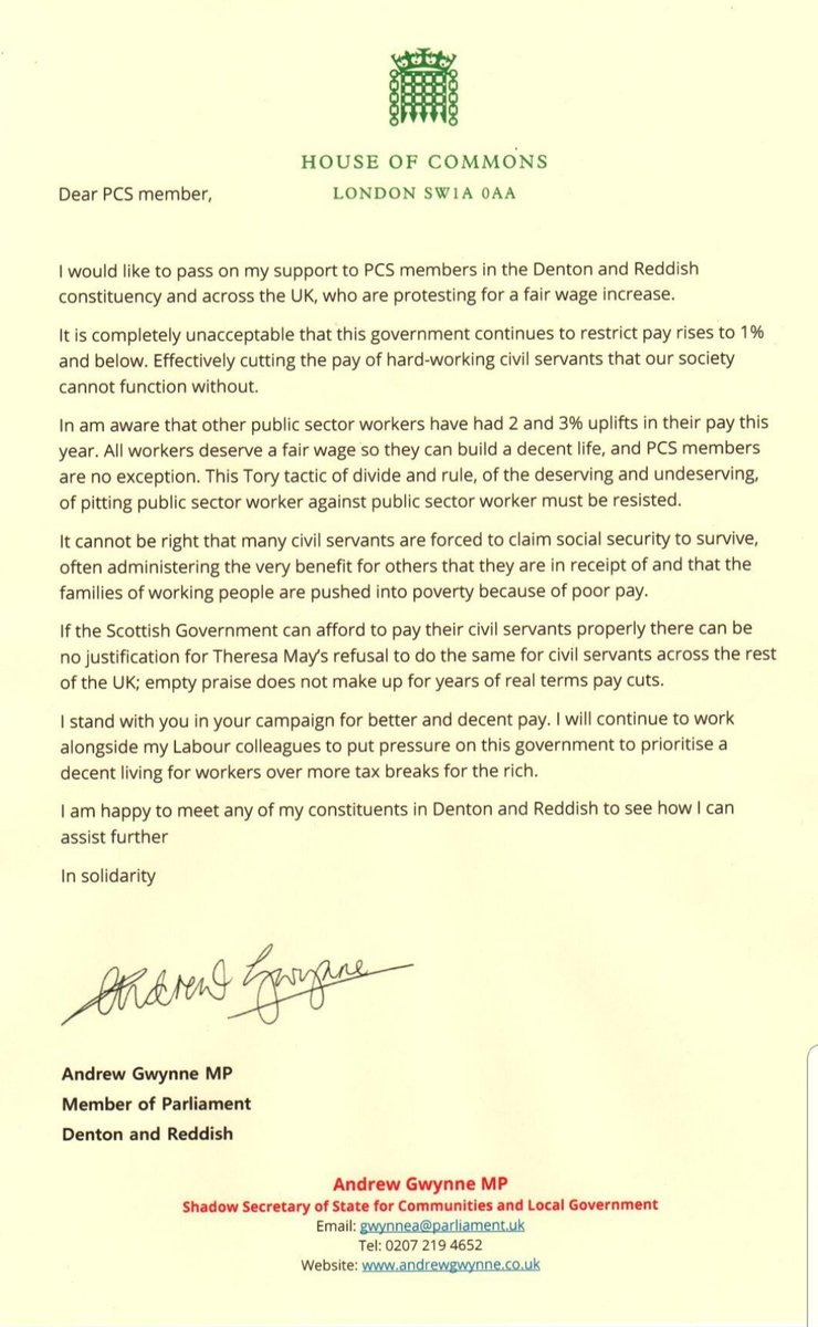 PCS_Northwest's tweet photo. Great to receive a letter today from Denton & Reddish MP & Shadow Secretary of State for Communities & Local Government @GwynneMP outlining his ongoing support for our pay campaign & for members taking part in our ballot. Thanks Andrew! ๐ #PCS5pc #PCSVoteYES #PCSVoteAndPost ๐ณ๐ฎ https://t.co/Eo061ojJDe