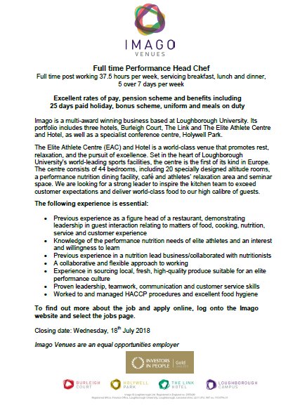 JamesEPMoran's tweet image. We are recruiting for a Performance Chef to work at the Elite Athlete Centre, Loughborough! Please share @eis2win @Sophie_Killer @kbergintaylor #performancechef #performancenutrition #unleashthepoweroffood 🍗🍳🥗🥑🍲🍝🍎⚽️🏉🏏🏋️‍♂️🏊‍♂️👩‍🍳👨‍🍳🏃‍♂️🚴‍♂️🎖️🥇