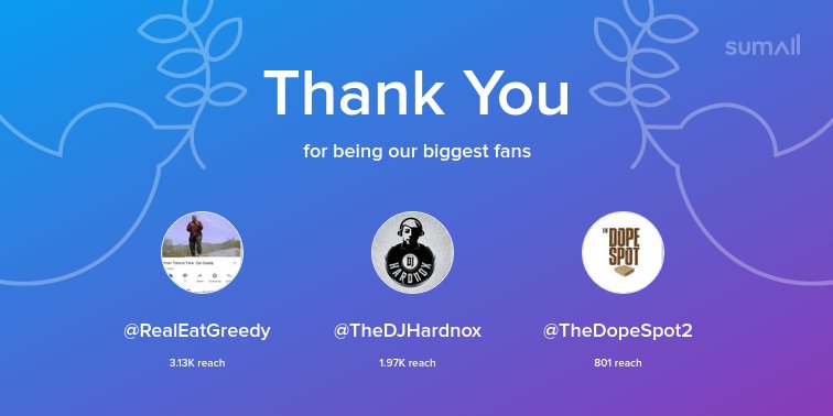 Our biggest fans this week: <a href="/RealEatGreedy/">EatGreedy</a>, <a href="/TheDJHardnox/">DJHardnox</a>, <a href="/TheDopeSpot2/">The Dope Spot (Hip-hop Blog)</a>. Thank you! via sumall.com/thankyou?utm_s…