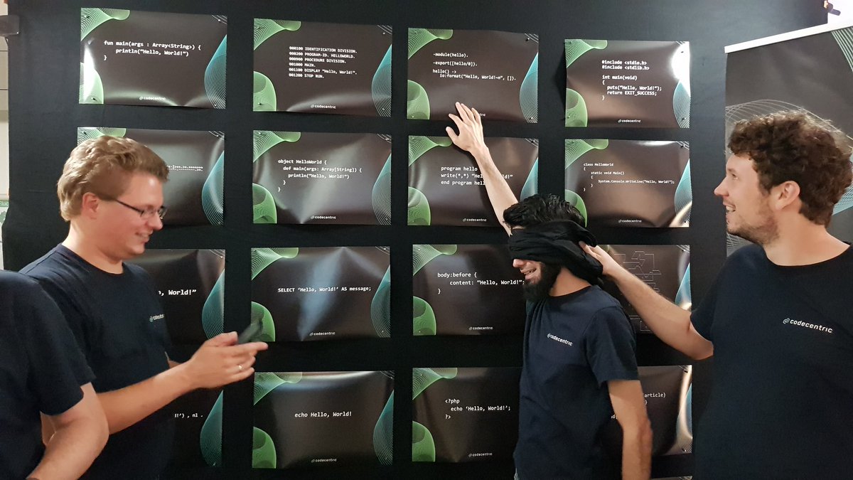 avetlugin's tweet photo. @SemsSamaras is playing "Hello World Ninja" at #jfs2018 @codecentric Stand - guess the programming language with closed eyes https://t.co/zowRxNrQrJ