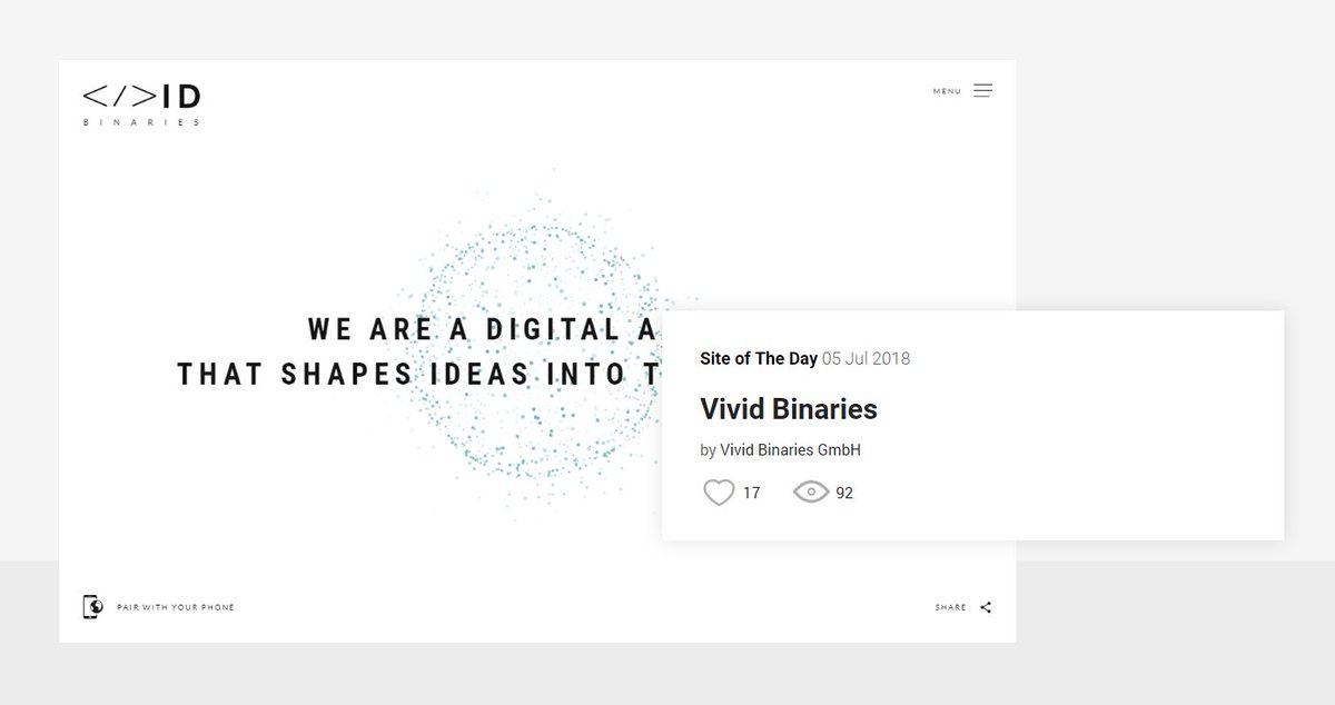 vividbinaries's tweet photo. We are proud to announce that we have been awarded the site of the day reward on @bestcss_in. Thank you for this honor.
#vividbinaries #award #bestcss #siteoftheday https://t.co/HKsZmVySGB
