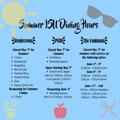 DineISU's tweet photo. Summer is here and we're still here, too! Check out the availability of your favorite places. Notice, some places will close and reopen during the summer months! Don't miss out😉 
#summer #mysweetsummer #2018 #schoolsout #yay #foodie #ISUeats #bengalcampus https://t.co/b384PPqyq5