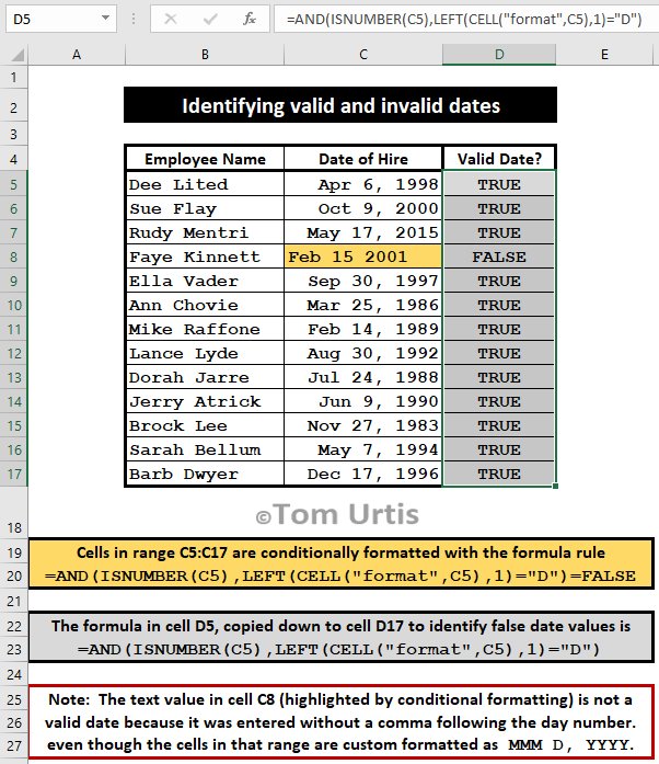 TomUrtis's tweet image. Identifying valid and invalid dates #ExcelTip #BusinessIntelligence