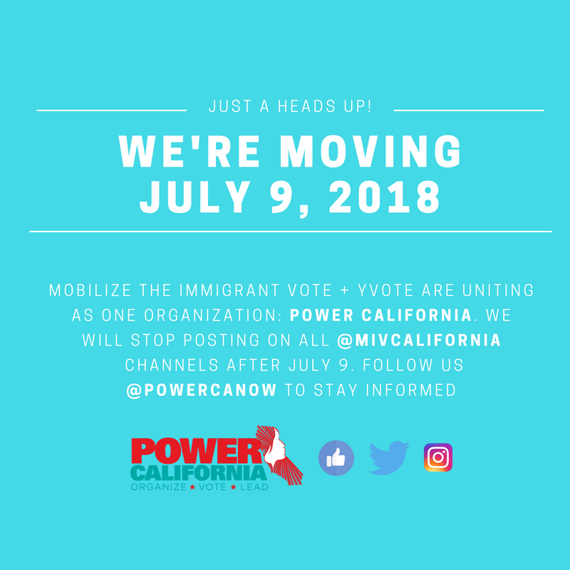 Just in case you haven't heard about our good news. Mobilize the Immigrant Vote + YVote are uniting as one organization: Power California. Our account is moving to <a href="/PowerCANow/">Power California</a> starting July 9! Prepare to follow us <a href="/PowerCANow/">Power California</a> to stay informed.