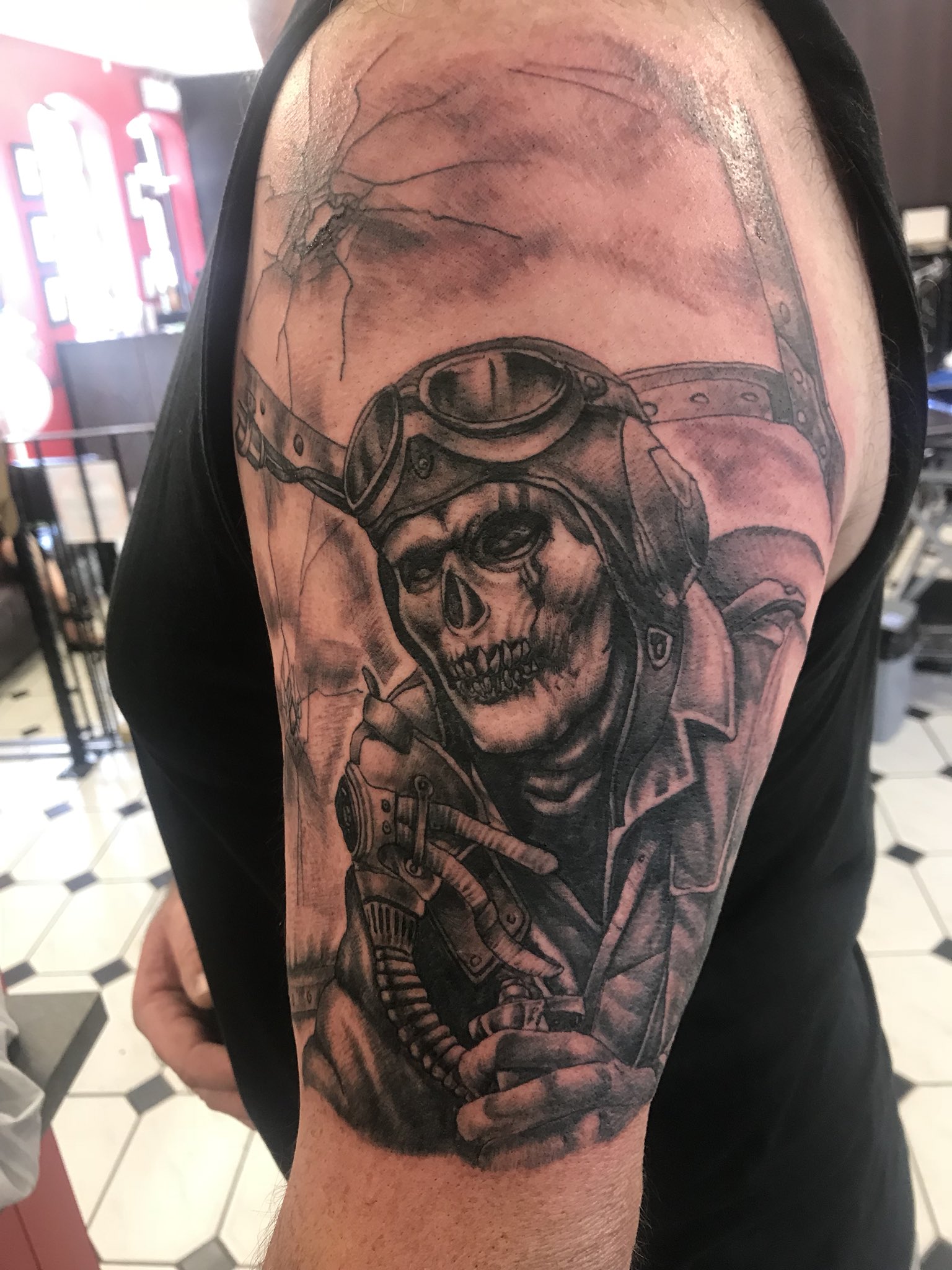 Tattoo uploaded by Andy Morrissey • Fighter pilot skully #skull  #blackandgrey • Tattoodo