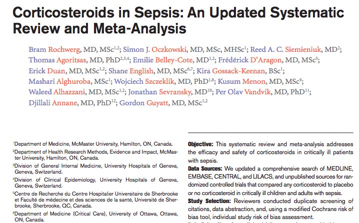 One of the age old questions of critical care: "Should I give corticosteroids to my patient with sepsis?" Our updated systematic review and meta-analysis including recent ADRENAL &amp; APROCCHSS data. Great team effort! journals.lww.com/ccmjournal/Abs…