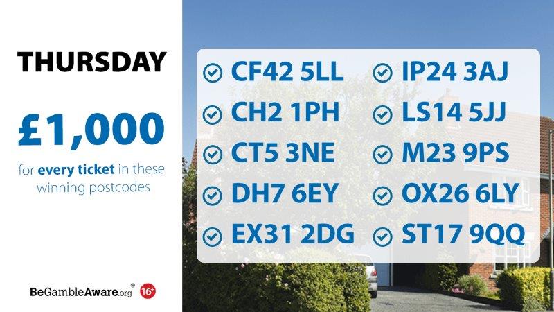 PostcodeLottery's tweet photo. What an incredible day for Thursday's ยฃ1000 #DailyPrize winners from #Treherbert, #Chester, #Chestfield, #Edmondsley, #Barnstaple, #Thetford, #Leeds, #Manchester, #Bicester & #Stafford! Congratulations! ๐๐๐
https://t.co/D6kx0MQyHR https://t.co/Qej0JDK87b