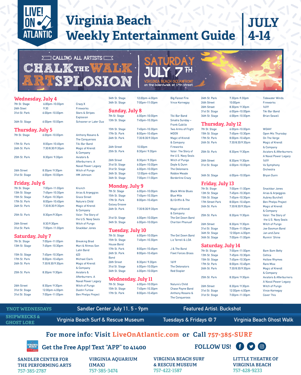 CityofVaBeach's tweet photo. Here's what's happening at the Beach this week! Lots of entertainment and events. https://t.co/VN0mZosDsL #liveonatlantic #beachstreetusa #visitvirginiabeach https://t.co/hqyEJxwnIK