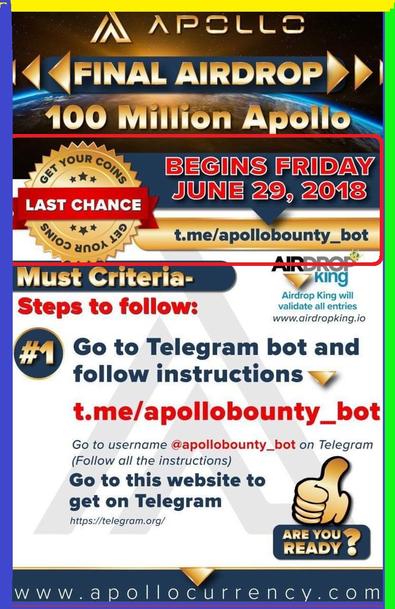 EuroAirdrops's tweet photo. 📢 APOLLO #AIRDROP 📢

Apollo is airdropping 1800 APL tokens to the Telegram members.

Claim airdrop: https://t.co/xtC3GhYEjQ

💰Estimated Value: ~$90

Step-by-Step Guide
1. Join their Telegram group.
2. Click on /Wallet to add your $ETH address.
3. You will get 1800 APL tokens https://t.co/x8pR4qfPS8