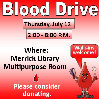 merricklibrary's tweet photo. An emergency blood shortage has been declared in the New York area. Please consider donating at our blood drive next week #Giveblood https://t.co/2KVZCj1Hfu