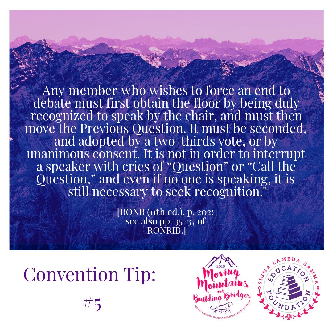 SLG_EFoundation's tweet photo. Question: Does "Call to Question" immediately and automatically end a debate? #slgef #slgconvention2018 #conventiontips #camethroughtippin https://t.co/FJWhtLTqEN