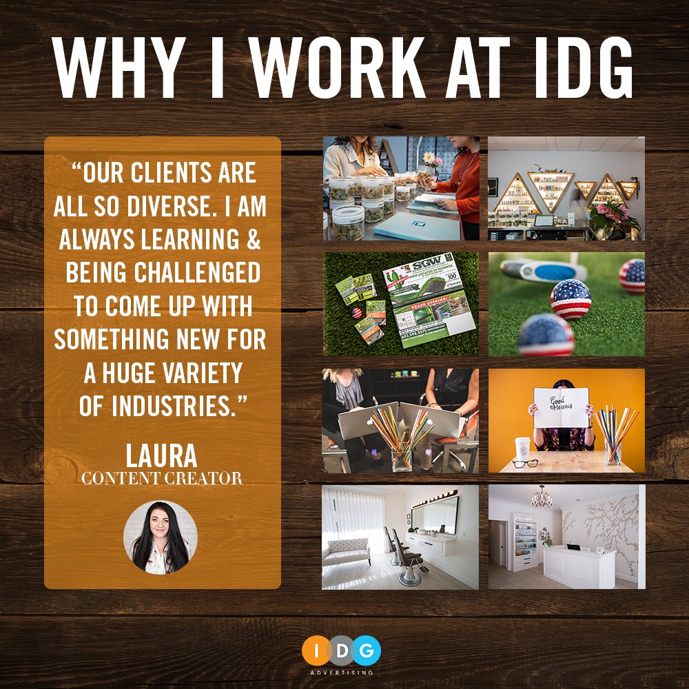 Happy designers = happy clients. Maintaining a positive and fun work environment is one of our top priorities! See what Laura, our content creator, has to say about working at IDG Advertising.

#employeereview #testimonial